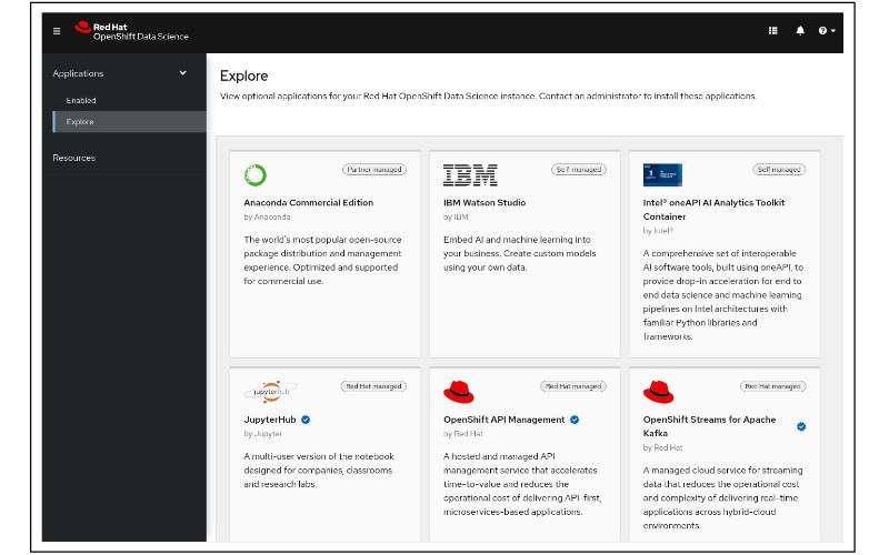 The Explore screen shows applications available to you in OpenShift.