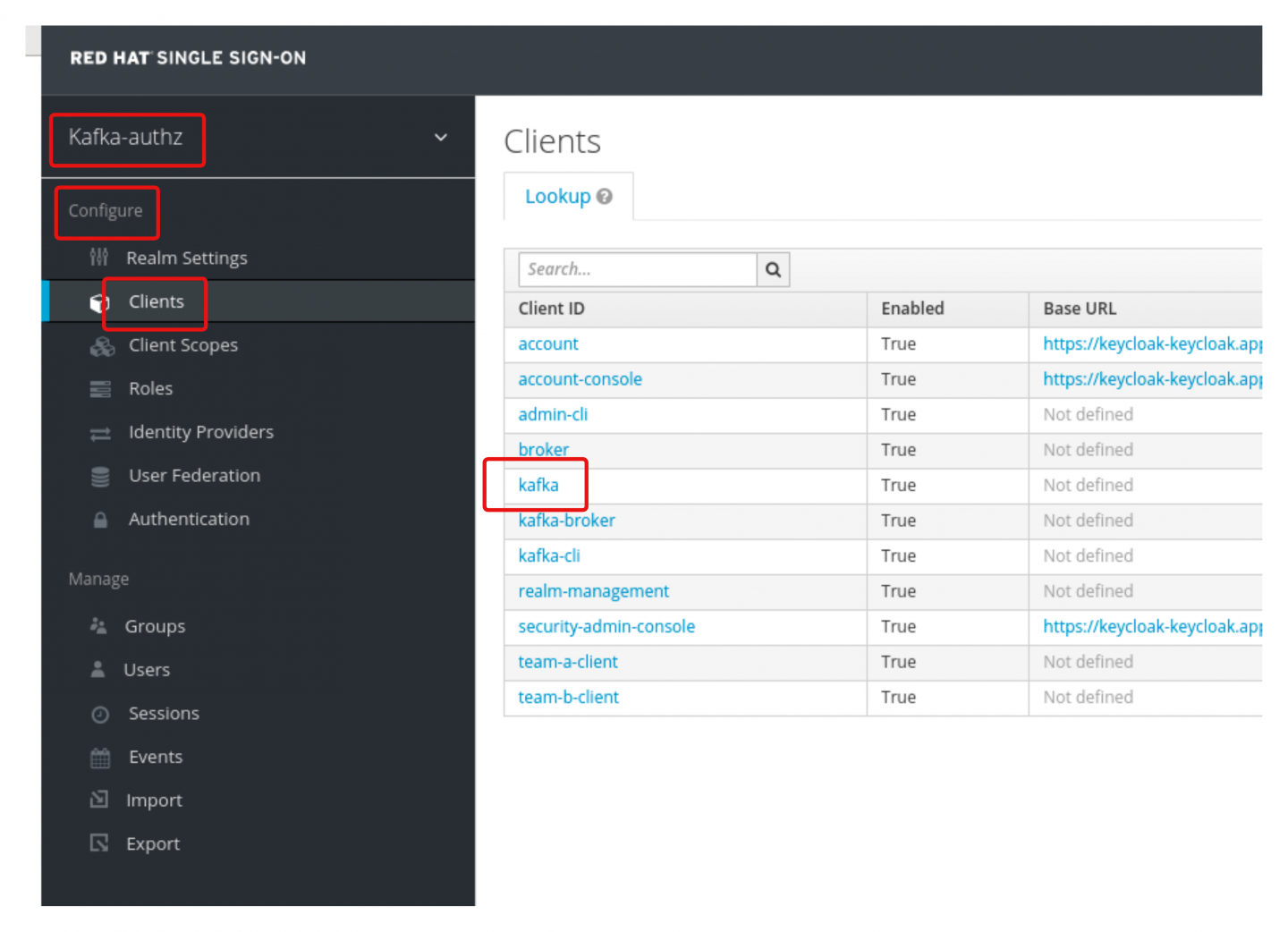 Choose the kafka client from the listing in the Red Hat's SSO console.
