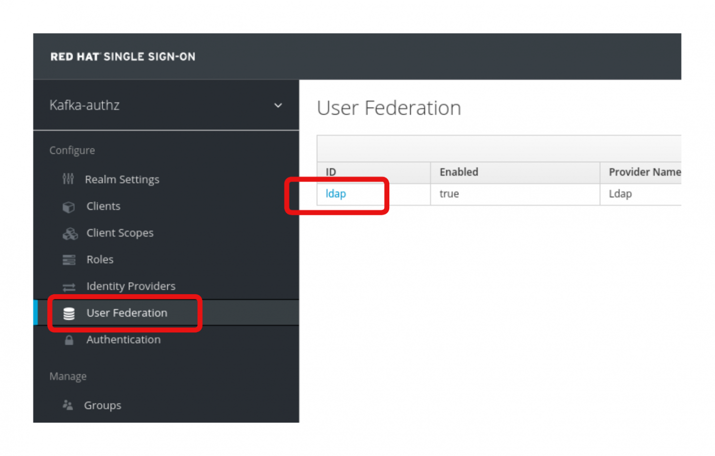 Choose ldap from the User Federation screen.