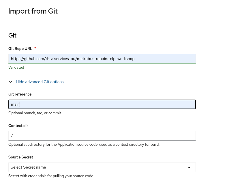 Click "Show advanced Git Options" and choose "main."