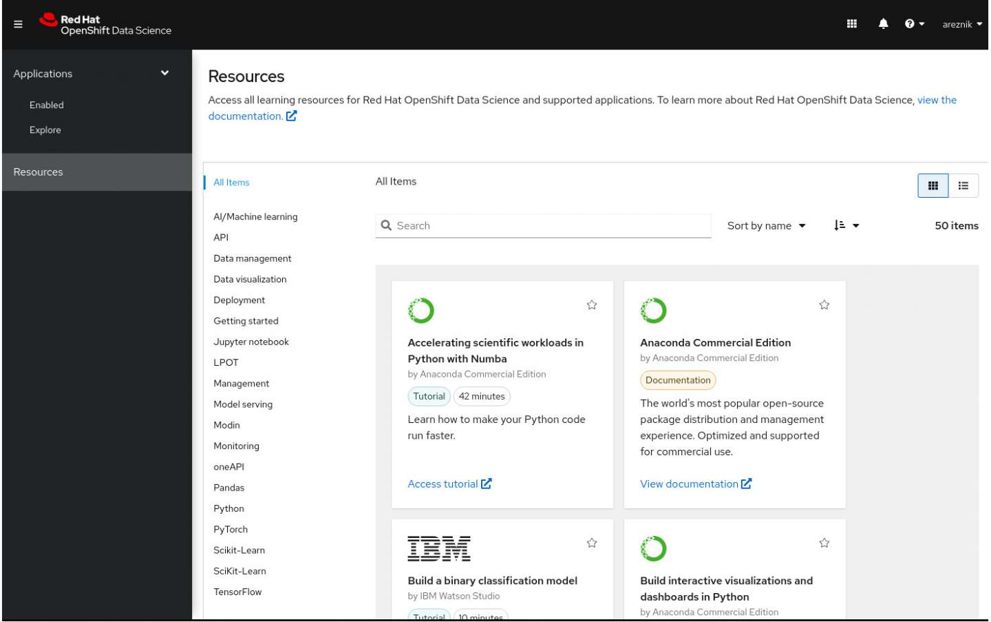 The Resources tab in OpenShift Dedicated gives you access to documentation and learning materials.