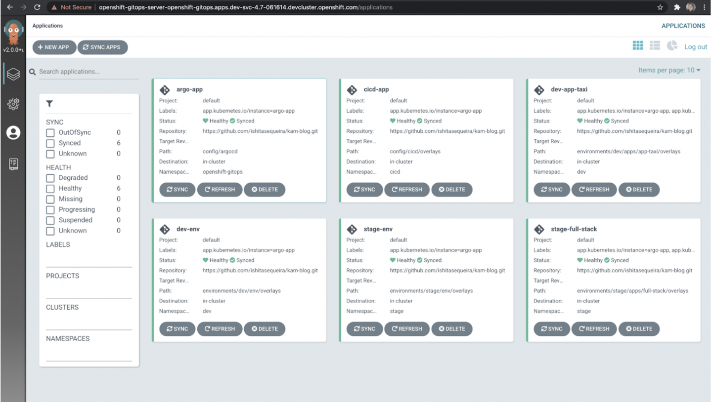 Screenshot showing the list of apps deployed in the Argo CD UI.
