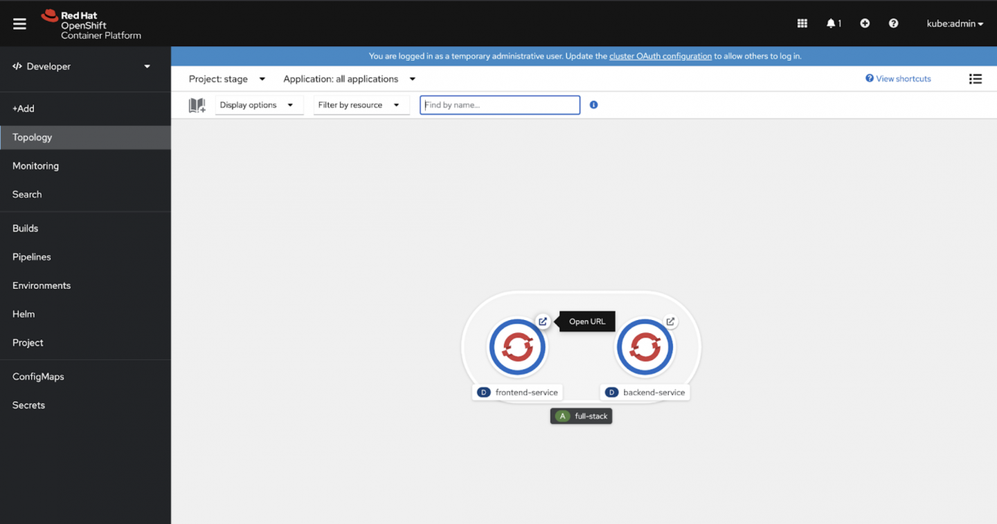 Accessing the front-end service from the Topology page.