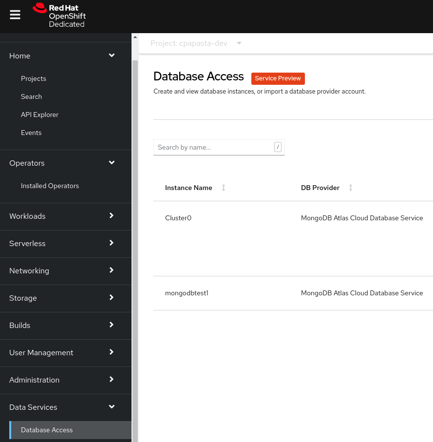 The database instances that you can reach from your cluster appear in the Database Access menu.