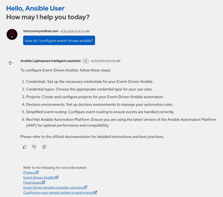 Screenshot of the Ansible Lightspeed interface, showing an input prompt and the model's response.