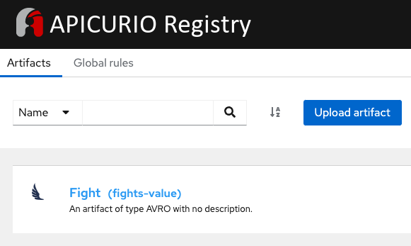 The Apicurio service registry instance contains a Fight instance.