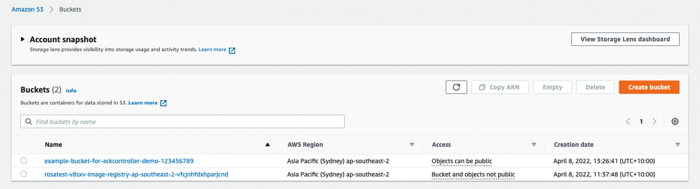 Now the Buckets screen of Amazon S3 shows another bucket.