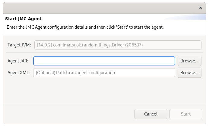 The JVM browser offers a page where you provide the agent JAR and an optional XML configuration.