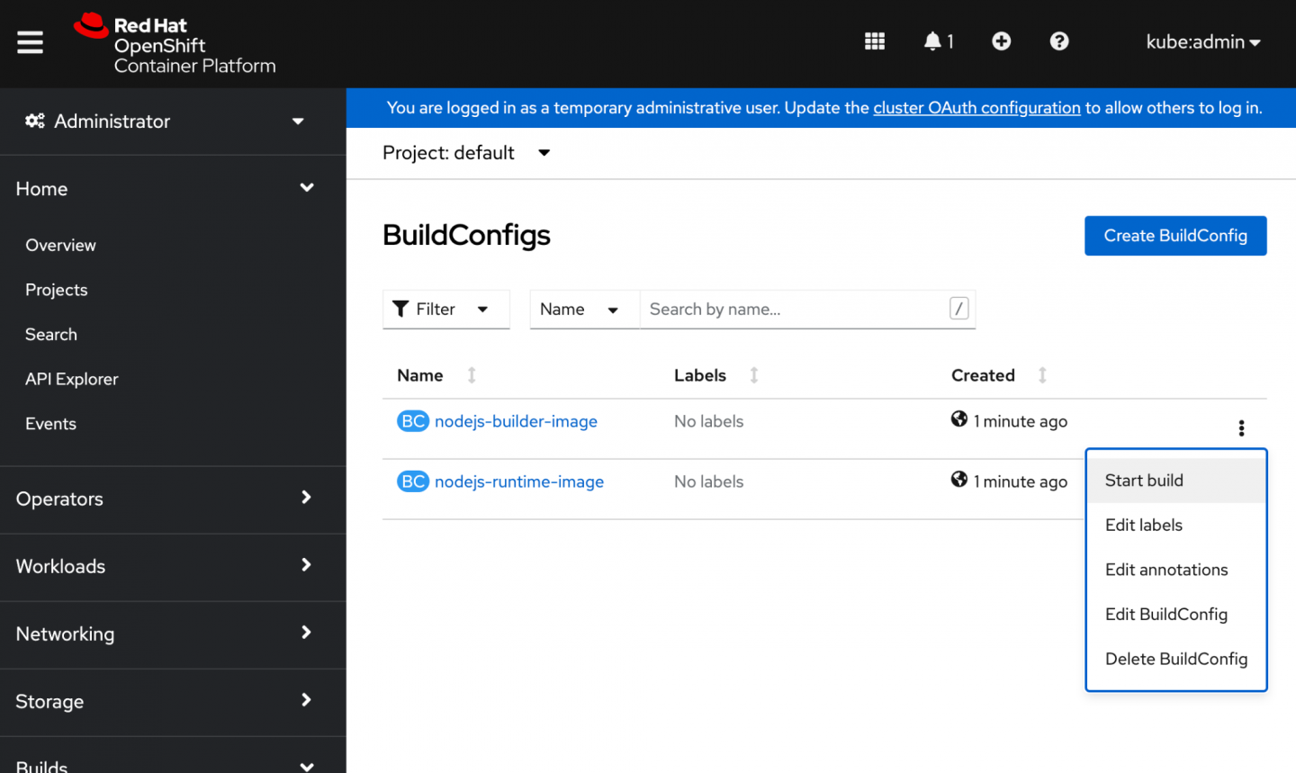 The actions menu provides a "Start build" action on the BuildConfigs interface.