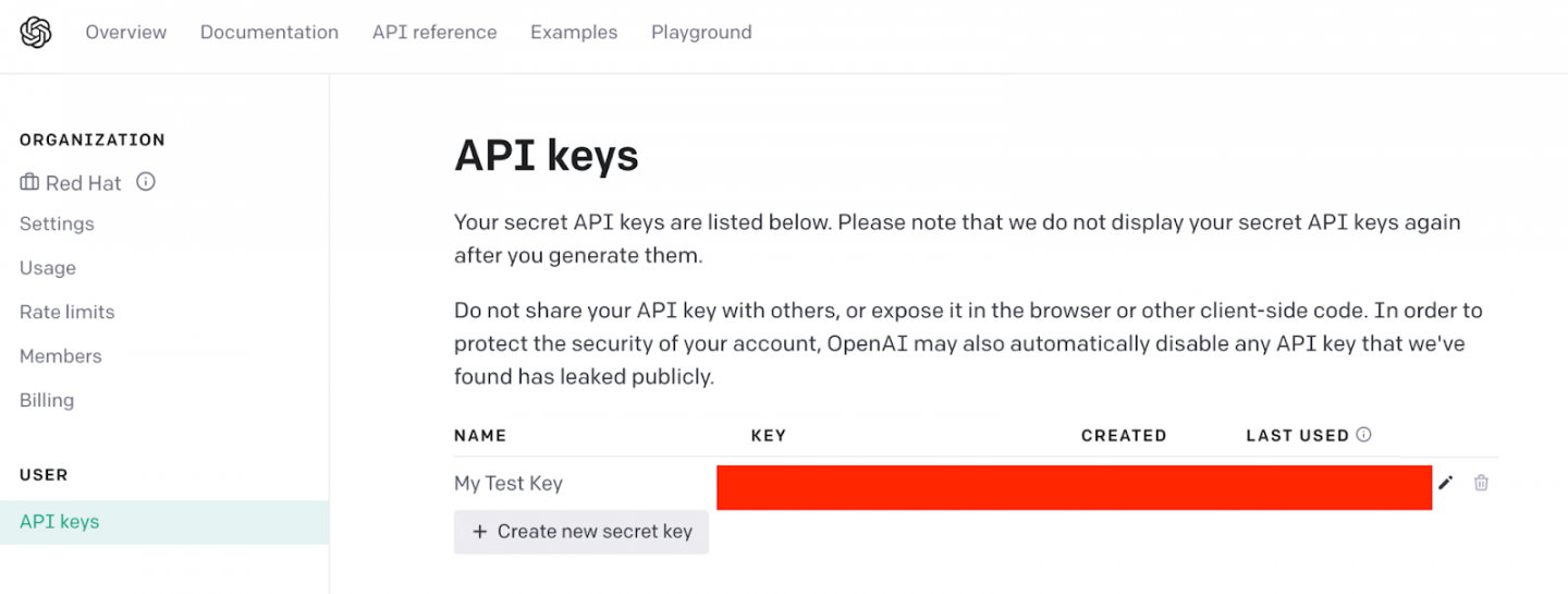 The API keys page, with the Create new secret key button.