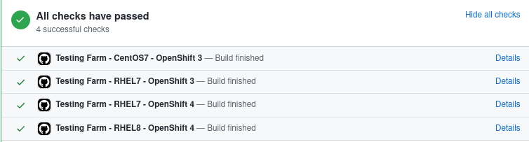 Output from Testing Farm shows the results of each test, with links to details.