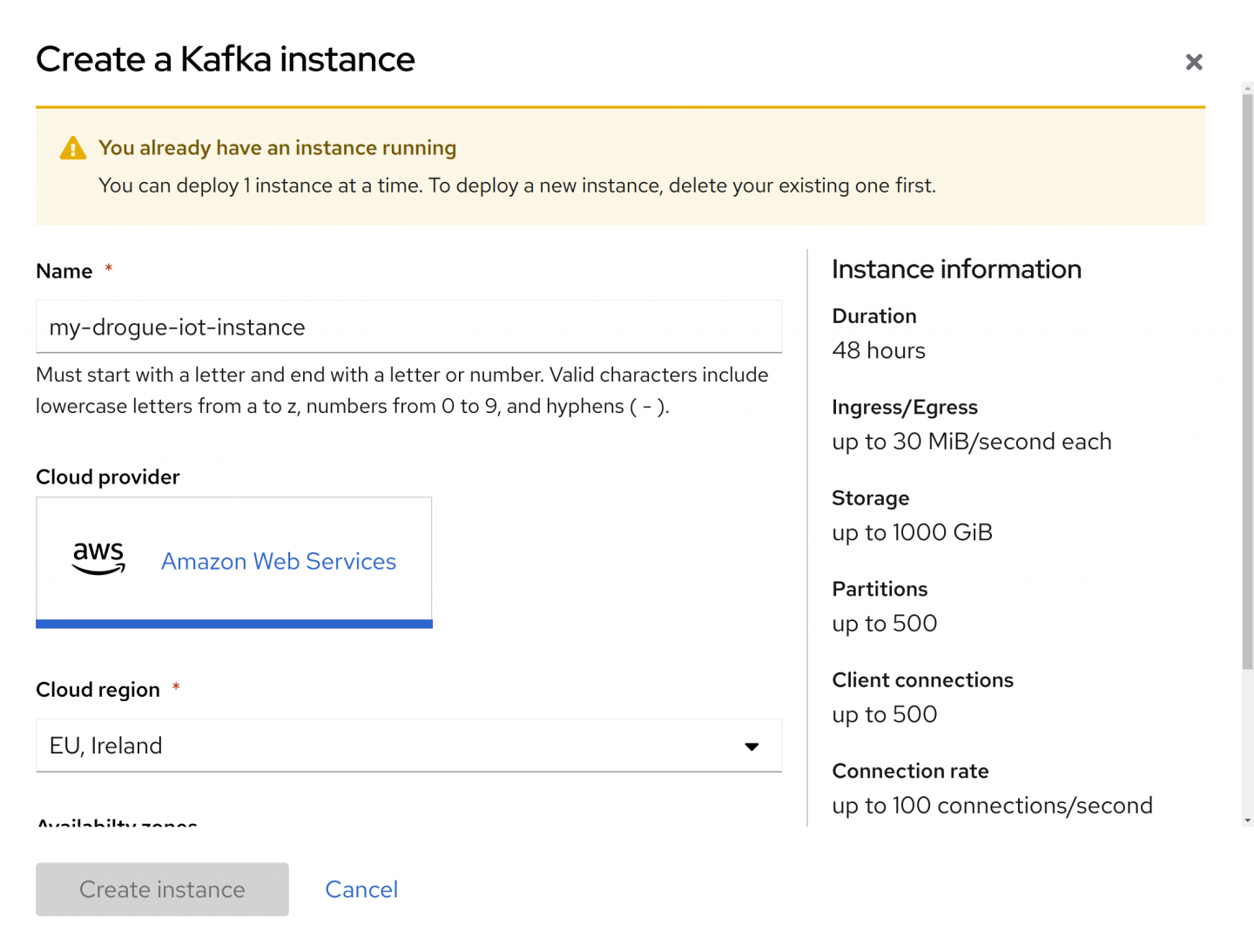 The user interface allows you to create a Kafka instance and assign a name.