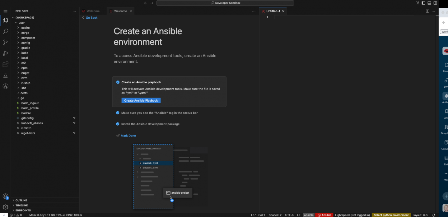Ansible development workspaces welcome page.