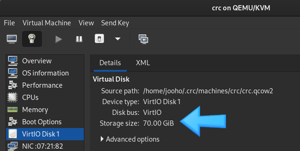 OpenShift has 70GiB of virtual storage.