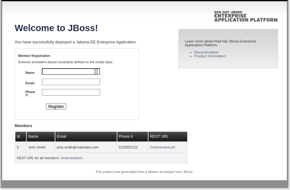 The sample application is running and shows one entry in the database.