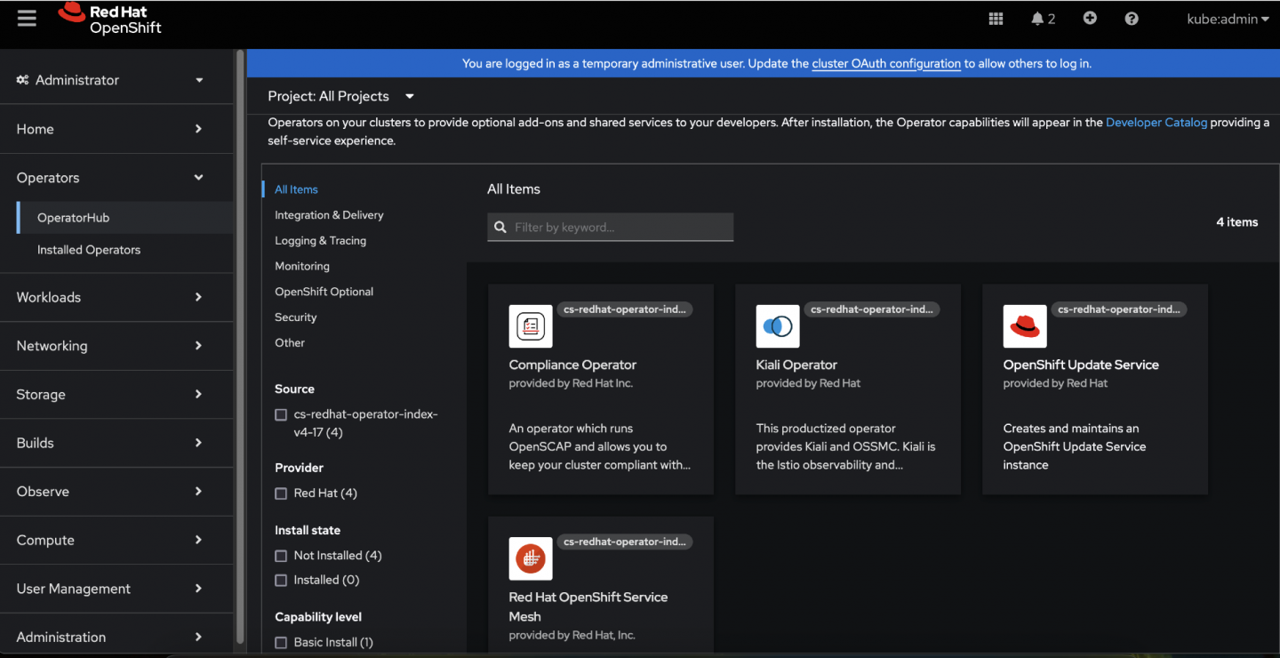 A screenshot of the OpenShift console showing all operators that were mirrored to the cluster.