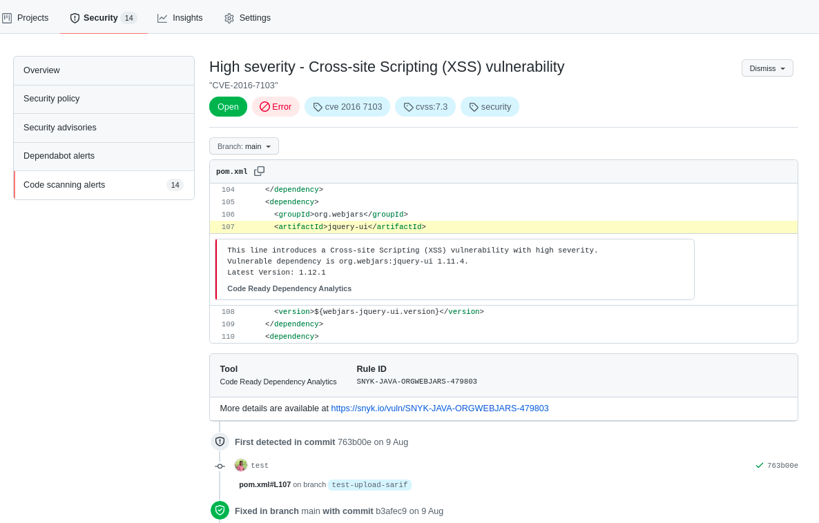 The Security tab in the GitHub interface shows details of vulnerabilities found.
