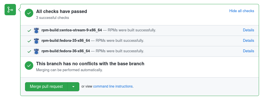 Packit creates commit checks that show results of the builds with links to details.