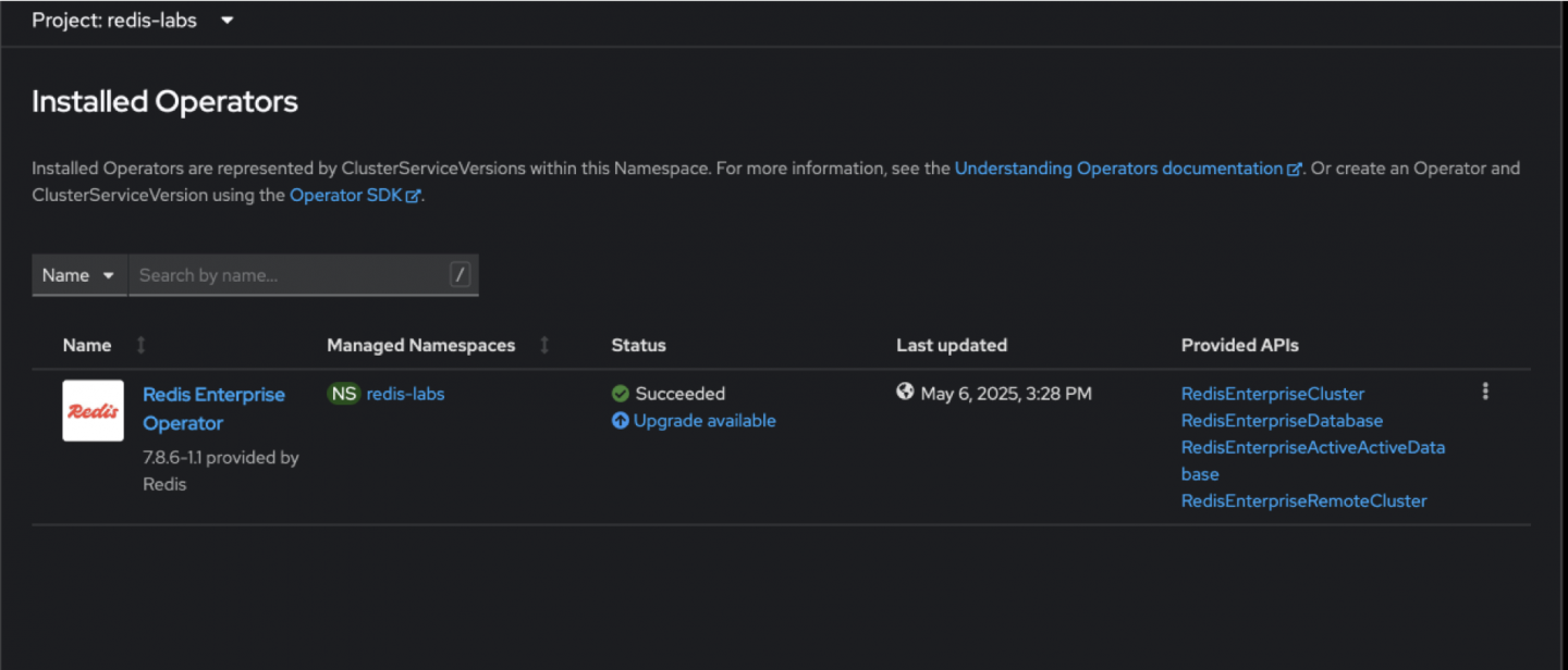 The Installed Operators page within the OpenShift console showing an upgrade available button under the Status column.