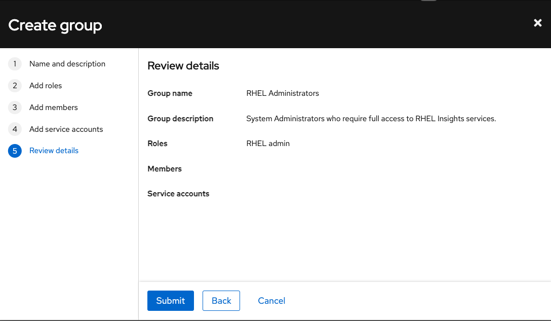 The Review Details step within the custom group creation wizard on console.redhat.com