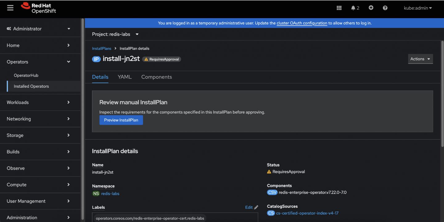 The InstallPlan page details within the OpenShift console, providing an option to review the details before the upgrade.