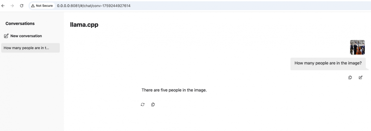 Screenshot of the RamaLama web UI showing the user input and response.