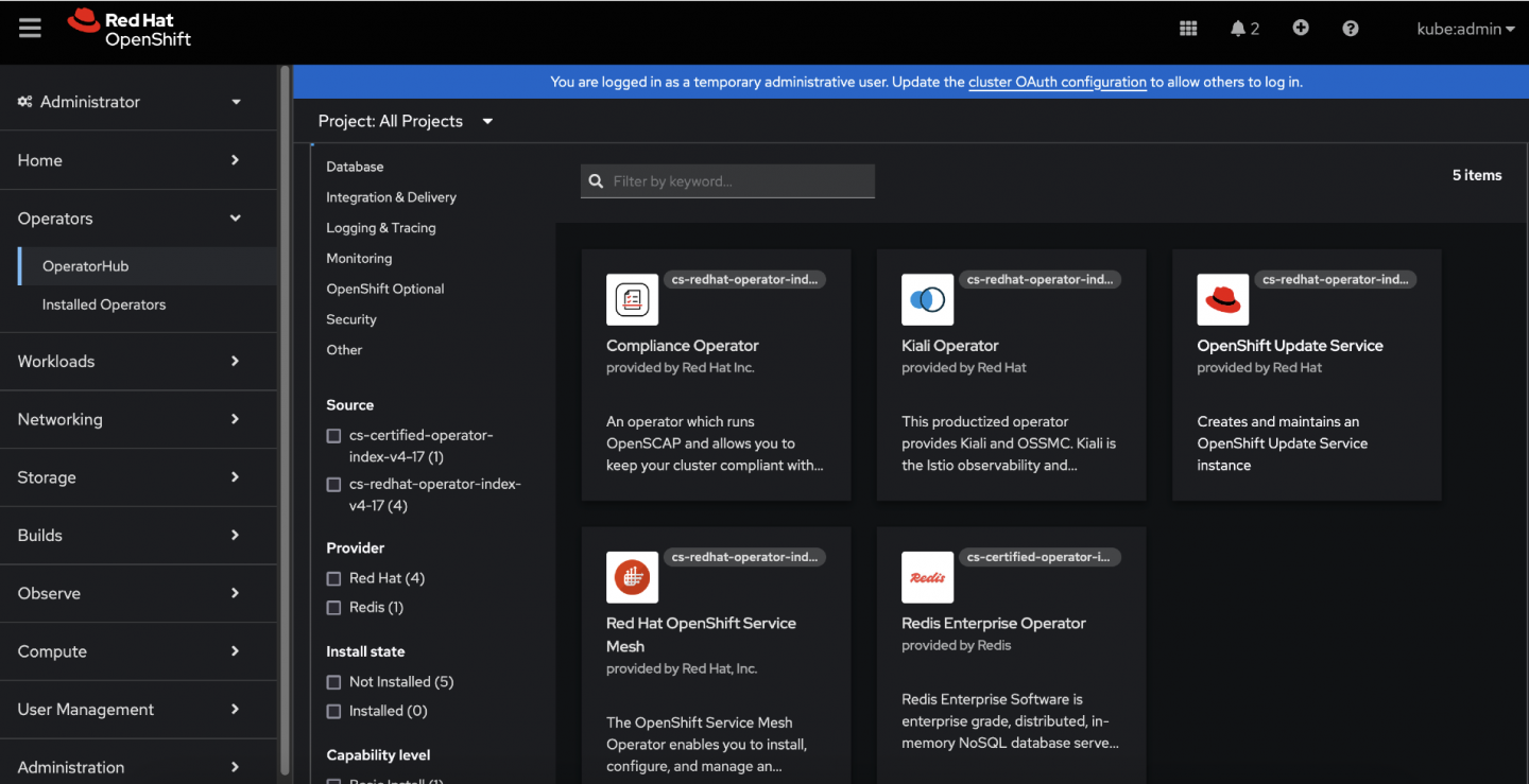This screenshot highlights that by navigating to the OperatorHub tab, users can view both Certified Operators and Red Hat Operators that have been successfully mirrored to the disconnected cluster. It confirms that the previously mirrored operators are now visible and available for use.
