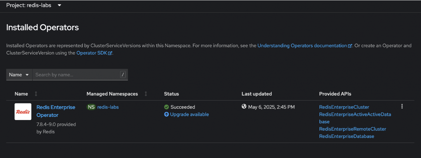 The OperatorHub tab within the OpenShift console showing Redis Enterprise Operator installed.