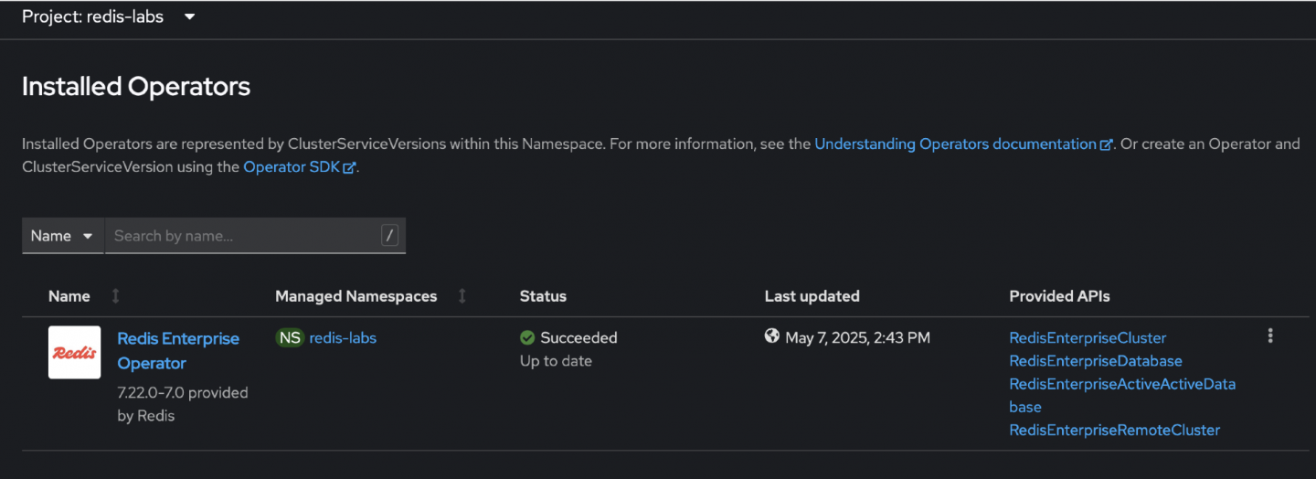 Screenshot of the Installed Operators tab within OpenShift, reflecting that the Redis Operator has a status of “Succeeded” from the latest upgrade.