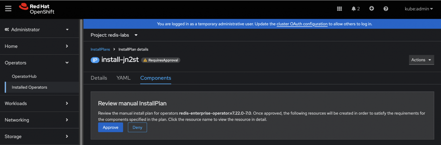 The InstallPlan page details within the OpenShift console, showing an Approve button to allow the installation to proceed.