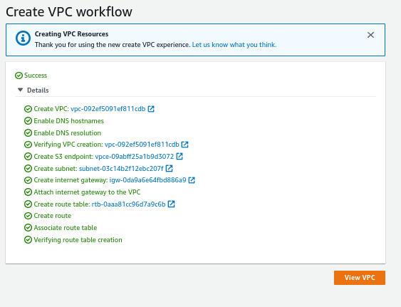 The VPC workflow page should show success for all resources.