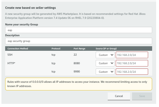 Configure the security group settings.