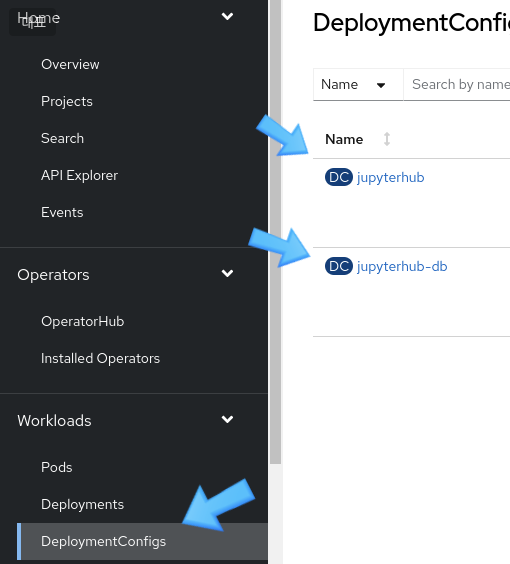 Pull up the DeploymentConfigs page to get access to pages for jupyterhub and jupyterhub-dc.