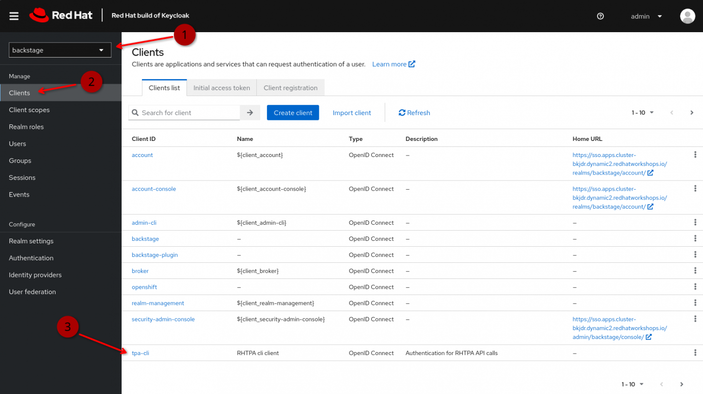 The Keycloak admin interface, showing the realm and clients