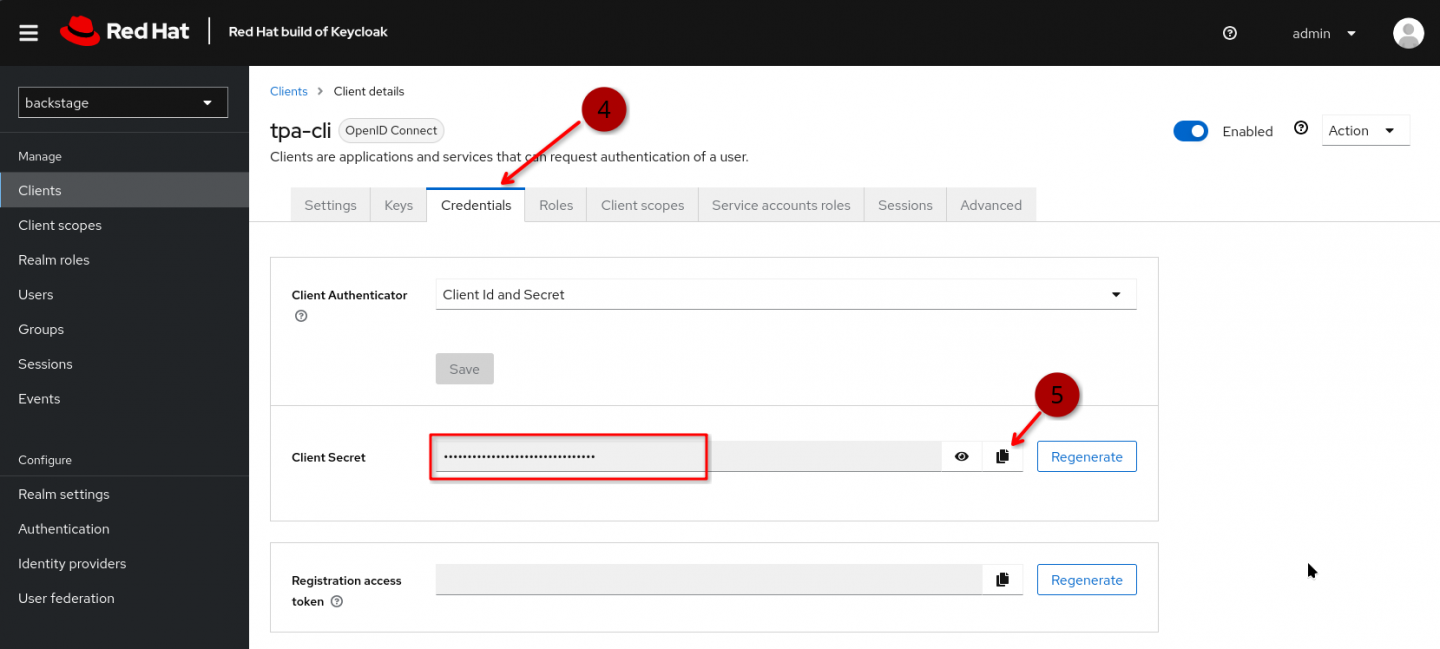 The Keycloak admin interface, showing OIDC client details, credentials tab