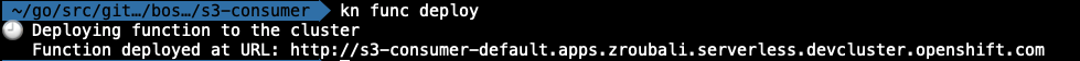 The "kn func deploy" command deploys the function and displays the URL where it exposes its service.