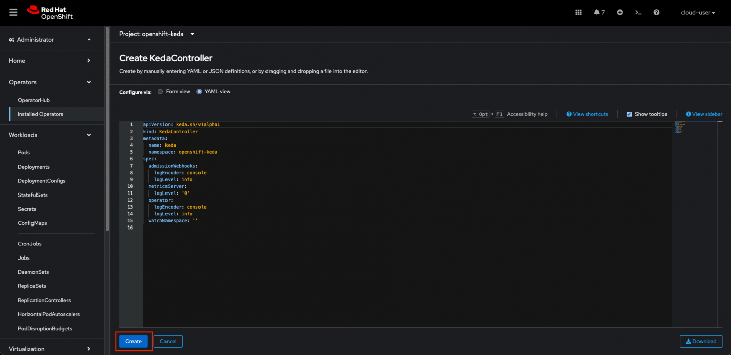 A view of the OpenShift Container Platform UI. Select Operators -> Installed Operators.