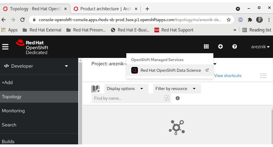 Choosing the "Red Hat OpenShift Data Science" option opens a dashboard.