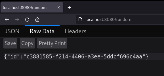 When you open the localhost:8080/random link, you can see data as JSON or Raw Data, and view headers.