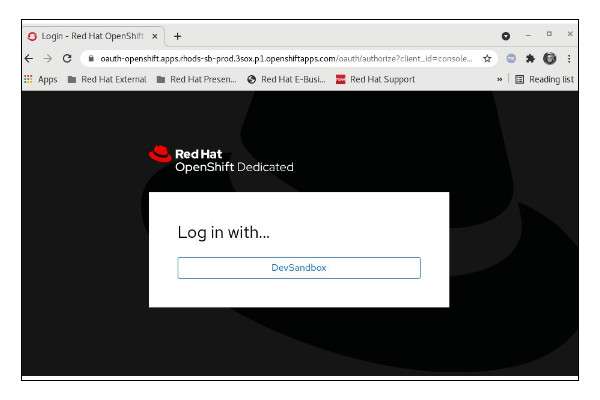After you start your sandbox, press the DevSandbox button to log into an OpenShift Dedicated cluster.