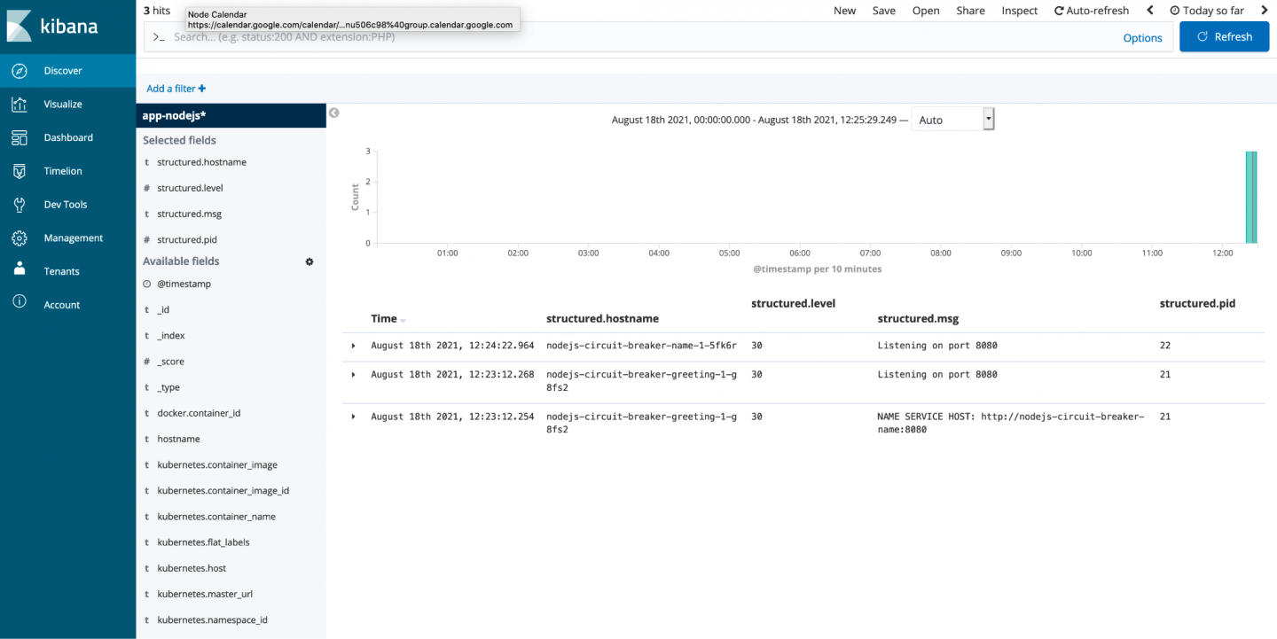 An example of the Kibana output showing only logs from three Node.js applications.