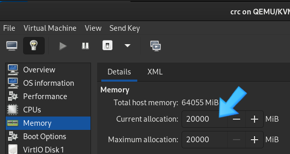 OpenShift has 20,000MiB of allocated memory.