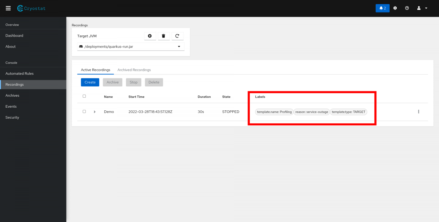 The Active Recordings table shows the updated labels.