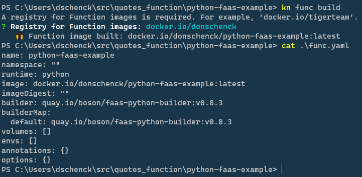 The "kn func build" command creates a minimal YAML configuration file.
