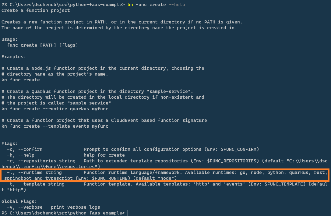 Output of the "kn func create --help" command shows which languages it supports.