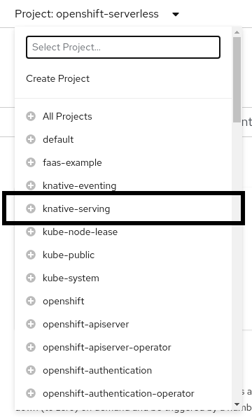 Change the current project to Knative Serving in OpenShift Serverless Functions.