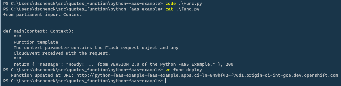 Updating a function requires editing the source code and redeploying it with the "kn func deploy" command.