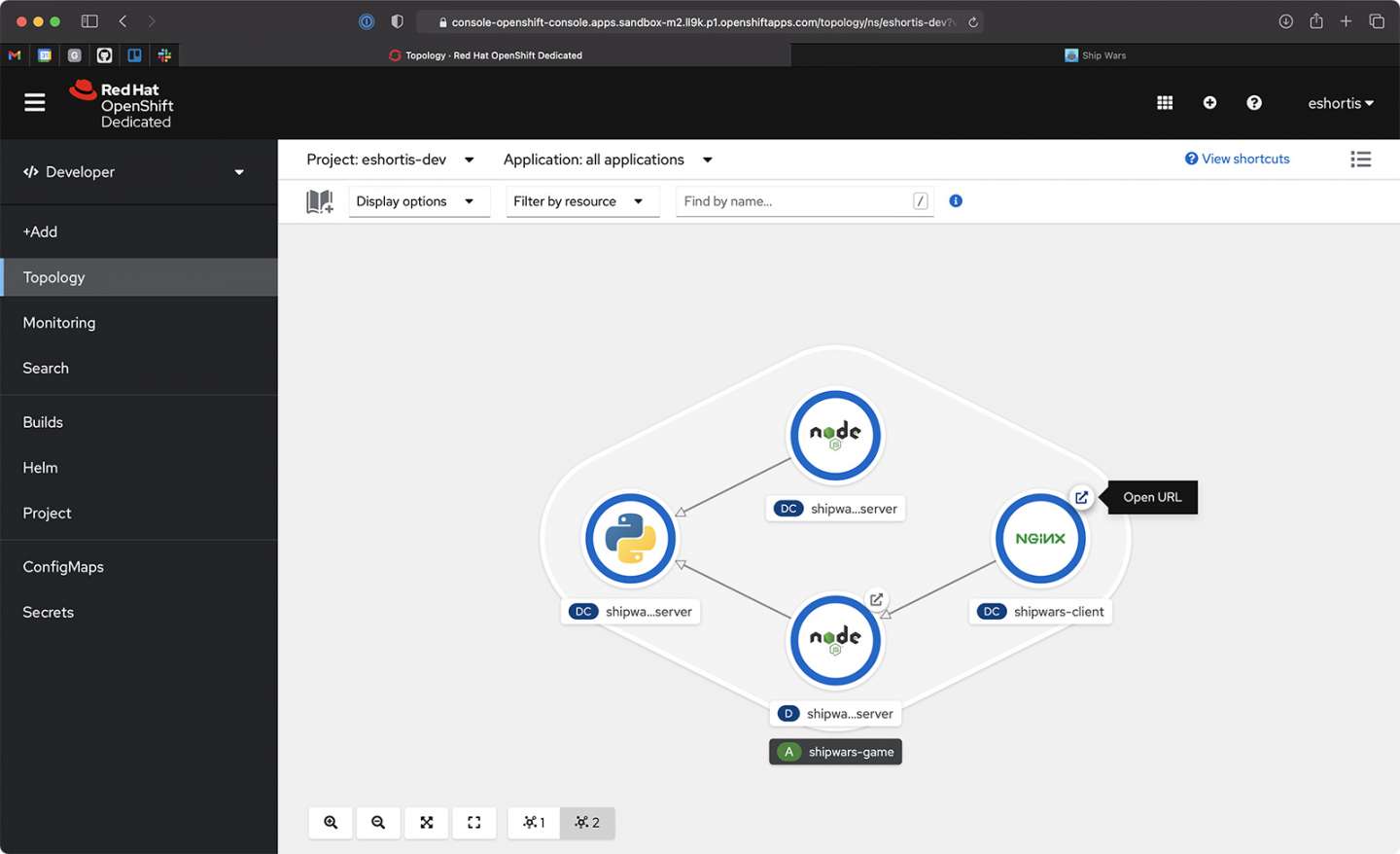 The OpenShift Topology View shows that Shipwars consists of servers and a client.