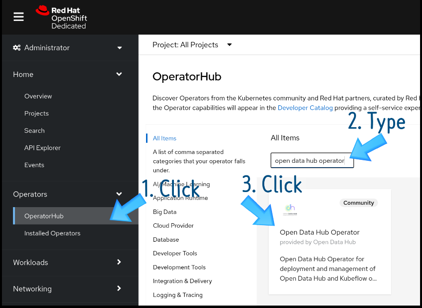 From the OperatorHub menu option, search for the Open Data Hub Operator and click its link.