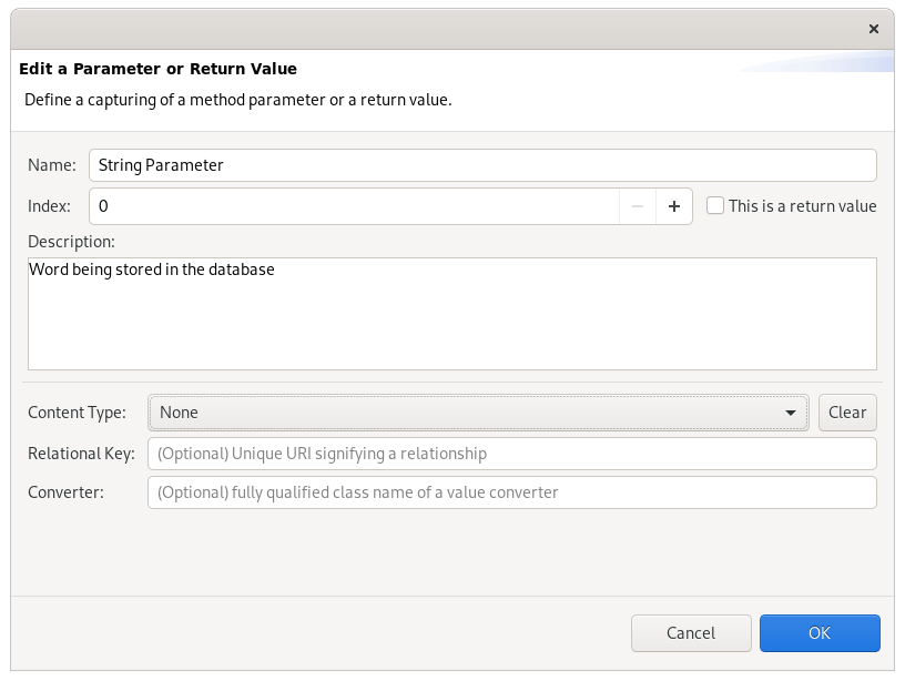 The "Edit a Parameter or Return Value" page controls access to specific parts of a method.